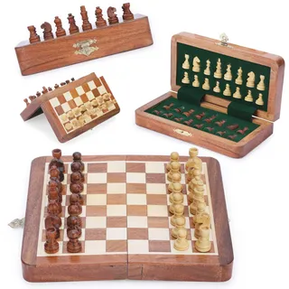 Ajuny Magnetisches Schachbrett-Set aus Holz mit handgefertigten Teilen – Aufbewahrungsschlitze tragbar, für die Reise, einzigartiges Schachspiel für Erwachsene und Kinder, Puzzle-Schachspiel, 7x7 Zoll