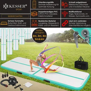 Kesser KESSER® Turnmatte Aufblasbar Airtrack 2m/3m/4m/5m/6m Fitness-Matte Gymnastikmatte inkl. Tragetasche & elektr. Luftpumpe Yogamatte, Tumbling Matten, Trainingsmatte, Turn- & Fitness