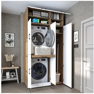 roomartstore.de Roomart Waschmaschinenschrank Dora Set für Trockner & Waschmaschine, in 4 Farben, mit Türen & Ausziehbrett • Weiß Eiche