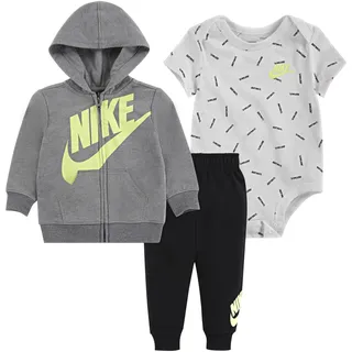 Nike Erstausstattungspaket NIKE SPORTSWEAR "JDI TOSS 3PC FZ PANT SET", Mädchen, Gr. 68 (6), schwarz-weiß (grau, schwarz, weiß), Sweatware, Obermaterial: 60% Baumwolle, 40% Polyester, KOB Set-Artikel Erstausstattungspaket, für Babys