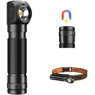 SuperFire Stirnlampe LED Wiederaufladbar, Taschenlampe 90 Grad EDC Rechtwinklige Stirnlampen, Magnetische Handgehaltene Schwanztaste 5 Lichtmodi IP42 Wasserdicht für Wandern Outdoor Notfälle Camping