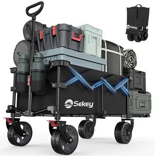 Sekey XXL Bollerwagen Faltbar mit Erweiterbarer Heckklappe 135L & 200L, Faltbarer Bollerwagen Klappbar Angelwagen Zusammenfaltbar aus Vier Richtungen bis 150KG, Flexi 4019, Schwarz