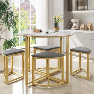 Novela Weiß Runder Essgruppe Esstisch Tisch mit 4 Stühlen, Dining Table Set 4 Chairs, Goldene Metallbeine, 80 x 80 x 75 cm – ideal für kleine Räume (Graue Kissen)