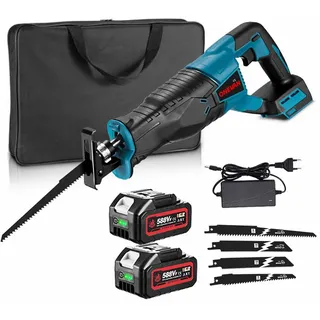 onevan Akku, Säbelsäge , Elektrisch Reciprosäge mit 4 Sägeblättern, 2x 3.0Ah Variabler Drehzahl von 0-3000 RPM, für Metall, Holz, PVC-Rohr und Baumschnitt