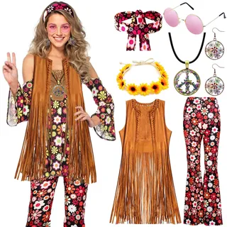 YADODO 60er 70er Jahre Hippie Kostüm Damen Set mit Fransenweste Schlaghose Accessoires Hippie Kleidung Damen Kostüm 70er Jahre Bekleidung Frauen Disco Outfit Cowgirl Western Faschingskostüm (S)