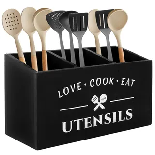 LOPYXBR Küchenutensilienhalter mit 3 Fächern, Küchenhelfer Aufbewahrung, Utensilienhalter Küche, Küchenutensilien Aufbewahrung für Besteck, Löffel, Spatel, Schwarz