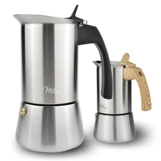 Milu Espressokocher 2, 4, 6, 9 Tassen - Sparset - Edelstahl Glas Mokkakanne, Espressokanne, Espresso Maker Set inkl. Untersetzer, Löffel, Bürste (Bundle)