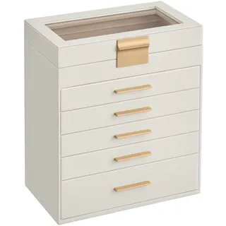 SONGMICS GISELLA Kollektion - Schmuckkästchen, Schmuckkasten mit 6 Ebenen, Schmuckbox mit Glasdeckel, 5 Schubladen, für Sonnenbrillen, Schmuckaufbewahrung, modern, wolkenweiß-golden JBC171W01