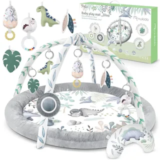 nukido Spielbogen Baby Interaktiv - 5in1 Krabbeldecke Spielmatte - Laufstall Babynestchen für Neugeborene mit Bauchzeit-Kissen - 2 Bögen mit 7 Sensorik-Spielzeugen - 56 cm Grau