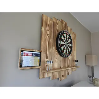 WDS Wooden Dartboard Surround | Premium Dart-Wandschutz & Tablet-Halter | Burned Look | MIT Tablet-Halter (Catchring, Dart Umrandung, Backboard)