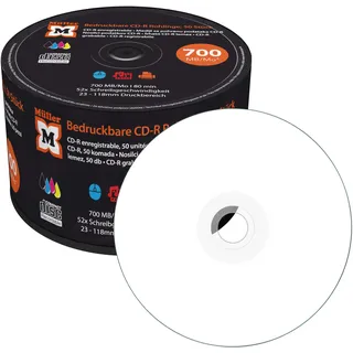 Müller CD-R 700MB I 80min, 52-fache Schreibgeschwindigkeit, vollflächig bedruckbar (Tintenstrahldrucker), 50er Pack