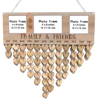 Vosarea Wohnkultur Family Friends Holz Geburtstagskalender mit Herz Holzscheiben Holzherzen Birthday Board Fotorahmen Hängedeko Wanddeko für Geburtstag Kalender Countdown DIY Wandkalender