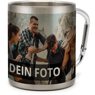 PhotoFancy® - Edelstahltasse mit Karabinerhaken mit Foto bedrucken - Fototasse selbst gestalten