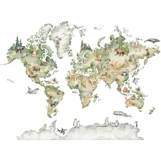 WallArena - Vlies Fototapete Kinderzimmer 416x254 cm Weltkarte Tiere Mädchen Kinder Skandinavisch - Fototapeten Tapeten für Kinder Kindertapete - Vliestapete Wandtapete Tapete 3D Effekt