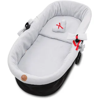 Stubenwagen Umrandung Musselin - Nestchen für Kinderwagen und Buggy Babybett Zubehör Babywanne und Kinderwagenzubehör Set 3-teilig Schonbezug mit Kissen und Einlage Grau
