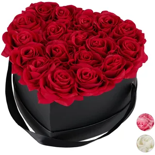 Relaxdays Rosenbox Herz, 18 Rosen, stabile Flowerbox schwarz, 10 Jahre haltbar, Geschenkidee, dekorative Blumenbox, rot, 13 x 21 x 19 cm