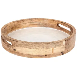 levandeo Tablett 35cm Rund Mango Holz Creme Perlmutt Emaille Ablage Serviertablett Deko Servierplatte Tischdeko Dekoration