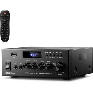 Moukey Verstärker Home Audio, 2.0-Kanal-Stereo-Receiver mit Bluetooth 5.3, Vollfunktionsfernbedienung, FM, RCA, USB, 2 Mikrofoneingänge, 300 W Spitzenleistung, für Karaoke, Garage, Heimkino, MAMP3
