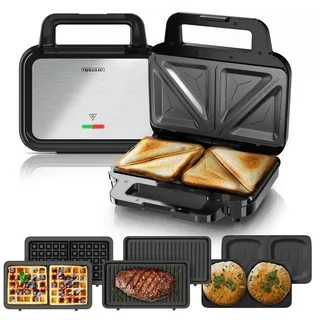 Arendo 3-in-1-Sandwichmaker 4in1 Sandwich Maker, Waffeleisen, Panini Grill, Temperaturkontrolle, 900 W, Kabelaufwicklung, Antihaftbeschichtung, Anti-Rutsch-Füße schwarz|silberfarben