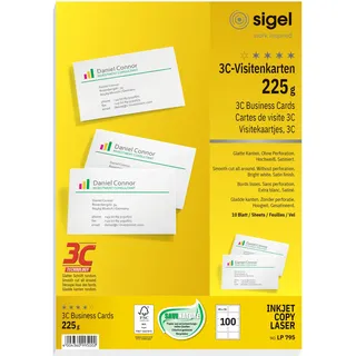 SIGEL LP795 bedruckbare Visitenkarten 3C, 100 Stück (10 Blatt), hochweiß, glatter Schnitt rundum, 225 g, 85x55 mm, aus nachhaltigem Papier