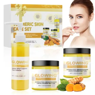 Horuili® Kurkuma Hautpflege-Set, 3-in-1-Kurkuma-Hautpflege-Set, Gesichtswaschmittel, Kurkuma-Creme, Peelings, Hydratisierendes Kurkuma-Essenz-Set, Pflegend, Feuchtigkeitsspendend, Erweichend