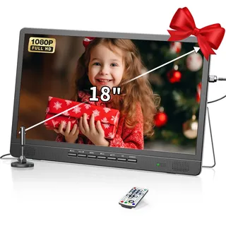 DESOBRY 18-Zoll Kleiner Fernseher mit Antenne, Tragbarer Fernseher mit Freeview DVB/T2 Tuner, HD 1080P Mini TV LCD Monitor, Eingebauter 180° Verstellbarer Ständer, Unterstützt USB/HDMI/AV Eingänge