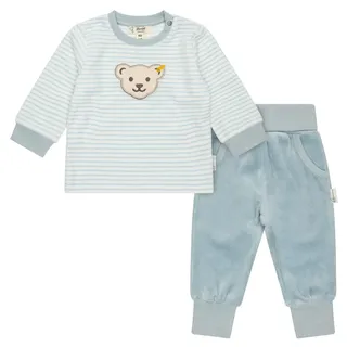 Steiff Baby Sweatanzug, 2-teilig - Homewear, Set, lang, gestreift, Teddy-Motiv Hellblau/Weiß 86