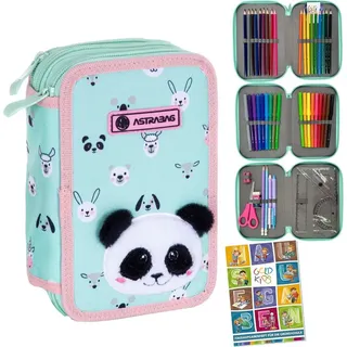 GOLDKIDS Federmäppchen 3 Fächer - Mäppchen für Mädchen und Jungen -, (Federmappe 3-Fach, 1-tlg., Federtasche Gefüllte Schüleretui 46-teilig), - Schulmäppchen und Hausaufgabenheft - Panda Motiv