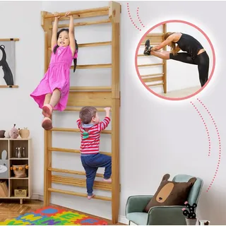 Physionics® Sprossenwand aus Holz - für Kinder und Erwachsene, 195x80x14cm,100kg Max- Kletterwand, Turnwand, Klettergerüst - Braun