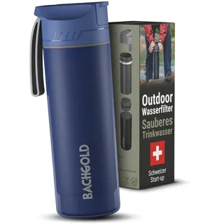Bachgold® Profi Outdoor Wasserfilter Flasche I Entfernt 99,99% aller Bakterien und filtert Mikroplastik, Partikel und Chlor I Blackout & Krisensicher (Blau, 500ml)