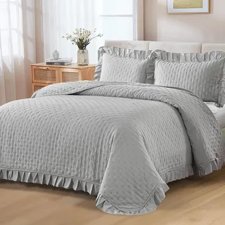 WONGS BEDDING Tagesdecke 220x240 Grau 3 Teilig mit 2 Kissenbezug 50x75 | Gesteppt Bettüberwurf Steppdecke Doppelbett Decke Vielseitige Wohndecke für Schlafzimmer als Sofaüverwurf