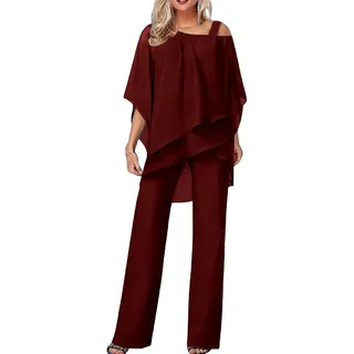 Damen Hosenanzüge Elegant Hochzeit Gäste Hosenanzug 2-teiliges Chiffon Formelles Outfit Übergröße Abschlussball Abend Zweiteiliger Hosenanzug Mutter der Braut Hosenanzug, #02 Rot, M - M