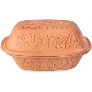 Römertopf Bräter Klassiker aus Naturton, Dampfgarer 4 Liter für bis zu 6 Personen, Keramik-Schmortopf für Backofen & Mikrowelle, Unterteil glasiert, fettarmes Garen, spülmaschinengeeignet