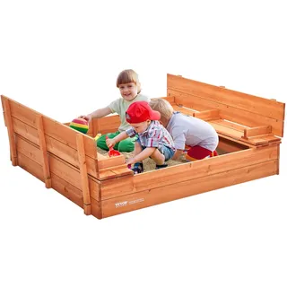 Vevor Sandkasten aus Holz, Sandkasten mit klappbaren Sitzbänken und Bodeneinlage, Sandkasten aus Naturholz für Kinder für den Garten, Strand, Park, Geschenk für Kinder von 3 bis 12 Jahren