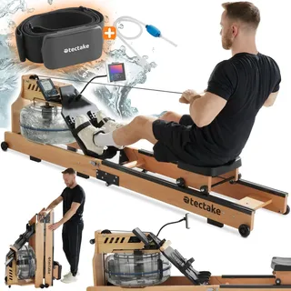 tectake® Wasserrudergerät, Rudermaschine aus Holz, klappbares Rudergerät für Zuhause, Home Trainingsgerät, Hometrainer mit Wasser, Waterrower, Ganzkörpertrainer bis 150 kg belastbar