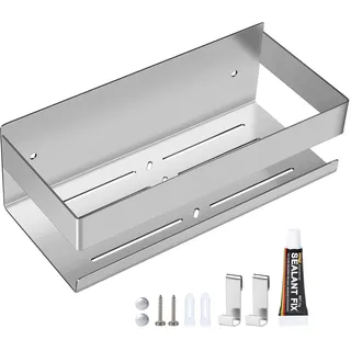 EXLECO Duschablage Ohne Bohren Duschregal Wand Edelstahl Badregal mit 2 Haken Duschkorb Selbstklebende Bad Regal Badezimmer Aufbewahrung Wandregal für Shampoo Duschgel 23CM 7,5cm Hoch Gebürstet Silber