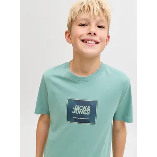 Jack & Jones Junior "JJRAIN TEE SS CREW NECK JNR", Jungen, Gr. 164, mineral blau, Single Jersey, Obermaterial: 100% Baumwolle, bedruckt, unifarben, regular fit normal, Rundhals, Shirts T-Shirt, mit Logoprint