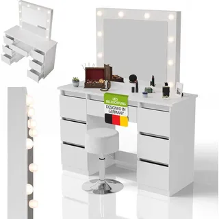 Juskys Schminktisch Talea und Hocker Tonia mit LED-Spiegel, 3 Farbtemperaturen, stufenlose Helligkeit, viel Stauraum & Weiß