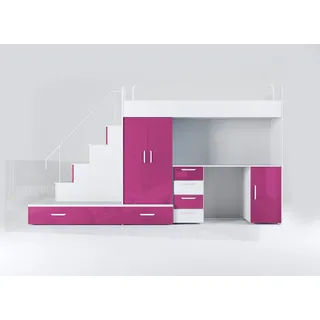 Luxusbetten24 Hochbett Kinderhochbett Adventure mit Schreibtisch, Kleiderschrank und Staufächern rosa