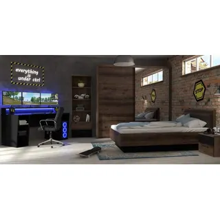 Jugendzimmer Tezaur "Jacky" - Gaming Zimmer Komplett Set, in Schlammeiche- Schwarzeiche, Matratze & Lattenrost optional - Verschiedene Set Varianten (5 teilig mit Gaming Tisch)