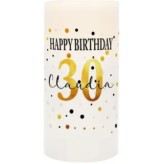 Herz & Heim® LED Echtwachs Kerze zum Geburtstag mit Beschriftung des Namens und Alters Happy Birthday