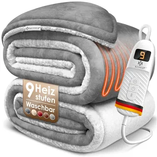 Kesser KESSER® Heizdecke mit Abschaltautomatik 180x130cm Doppelseitig Elektrische Wärmedecke | Kuscheldecke Bett, Sofa | 9 Temperaturstufen | waschbar bis 40°C | mit Timer Digitalanzeige Grau