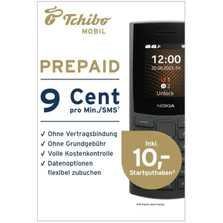 Tchibo MOBIL Prepaid-Tarif SIM-Karte | 9 ct/Min. & 9 ct/SMS & 24ct/MB| 10 € Startguthaben | Ohne Grundgebühr & Vertragsbindung | Flexibler Handytarif für Deutschland & EU