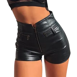 ORANDESIGNE Damen Sexy Leder Shorts Glanz Hohe Taille PU Lederoptik Kurze Hose Push up Lederimitat Kunstlederhose Hotpants
