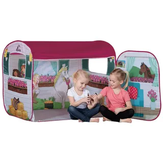 John 77012 Spielzelt Horse Club mit original Schleich Figur - Pferdestall, Caravan, Pferdezelt, Kinderzelt, Spielhaus mit gedrucktem Motiv für Kinder