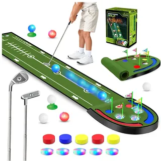 VATOS Indoor-Golf-Putting-Matte, LED-Bälle und leuchtende Cups, Golfspiel-Set mit Eisen und Puttern, tragbares Putting Green für drinnen und draußen