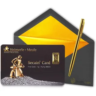 1g Gold-Barren Gold-Plättchen in Secain Card, 999.9 Feingold LBMA zertifiziert, Echtheitsgarantie + Albellion® Kugelschreiber gratis