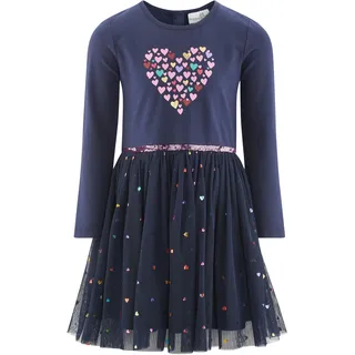 Jerseykleid HAPPY GIRLS, Mädchen, Gr. 140, N-Gr, blau (navy), Jersey, Obermaterial: 95% Baumwolle, 5% Elasthan. Obermaterial 2: 100% Polyester. Futter: 100% Polyester, bedruckt, regular fit knielang, Rundhals, Kleider Jerseykleid