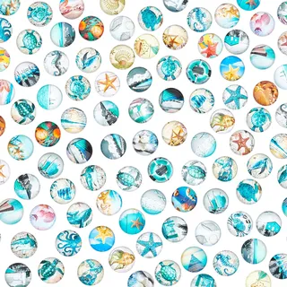 PandaHall Seestern Glas Cabochons, 100 Stück 50 Stile Meeresorganismus Muster Cabochon Fliesen 12 mm Ozean Thema Muschel Mosaik Gedruckt Bild Fliese Für Hawaii Sommer Weihnachten Halskette