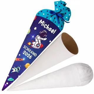 Schultüte Jungen Weltraum Cosmos mit Namen Personalisierte Tüte 70 cm Zuckertüte aus Stoff mit runde Papprohling und Füllung aus Silikonkügelchen große Tüte als Kissen